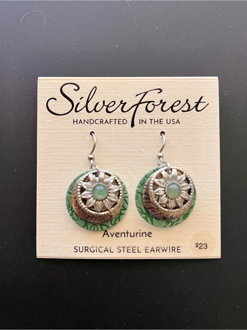 Silver Forest Green Aventurine Floral Drop Earrings - Silver Accents - Picture 1 of 3